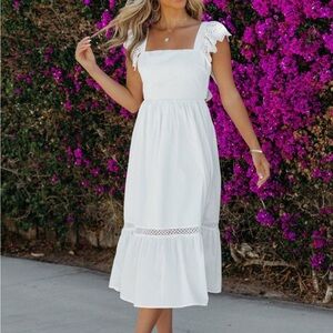 White eyelet ruffle sleeve midi dress
